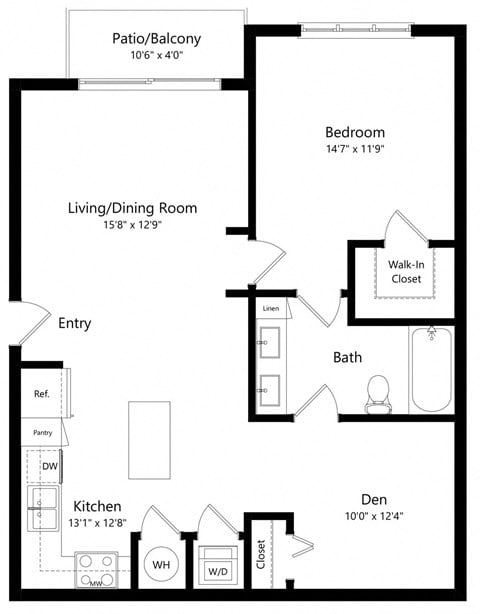 Floor plan for 1 bed, 1 bath, 861 sqft